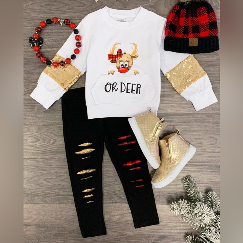 Toddler Girl White and Black 'Oh Deer' Outfit with Gold Accents Size 2T